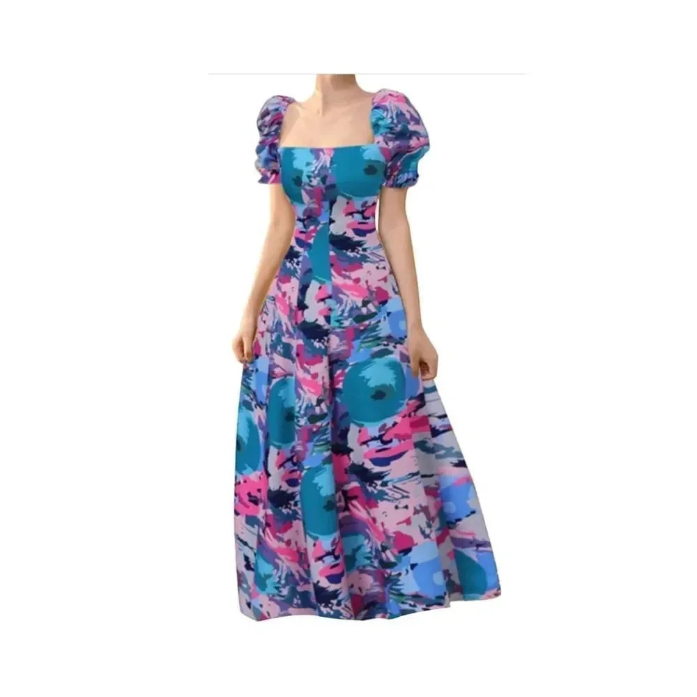 ZANZEA Women's Summer Maxi Dress Square Neck Short Sleeve Waist Split Print Hem